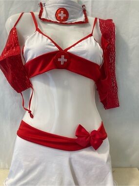 Sexy Nurse Costume Lingerie Set Red White Halloween Cosplay O/S